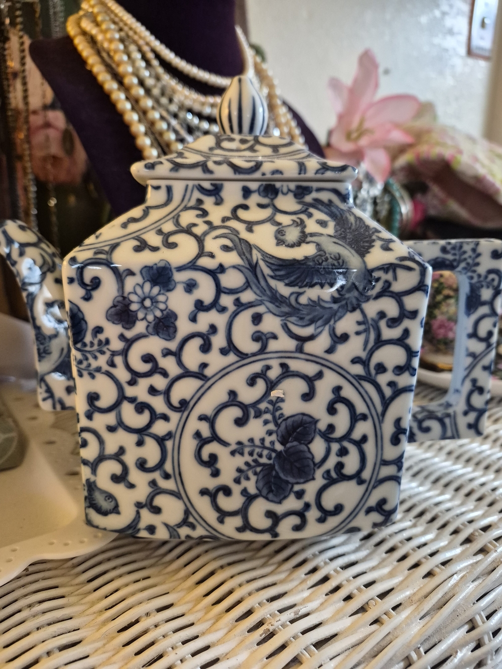 Chinese Blue White Square Porcelain Teapot Unbranded